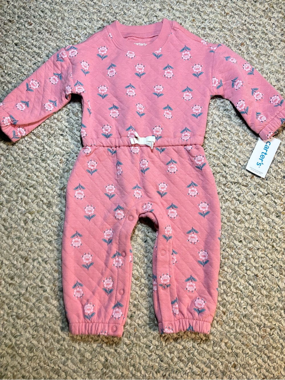 Carter's Pink Quilted Floral Long-Sleeve One-Piece with Bow, 9M